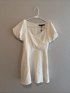 French Connection Cream Puff-Sleeve V-Wrap Mini Dress